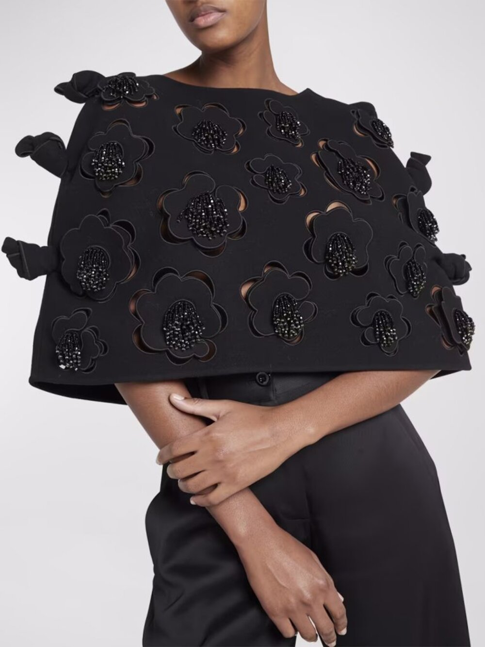 Jil Sander Floral Cutout Beaded Short Cape Double Face Wool Black DE 32 US 0 NWT
